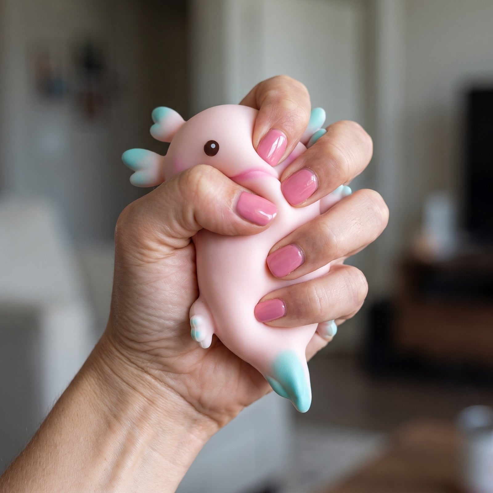 Squishy Axolotl Blanc & Turquoise pressé dans la main
