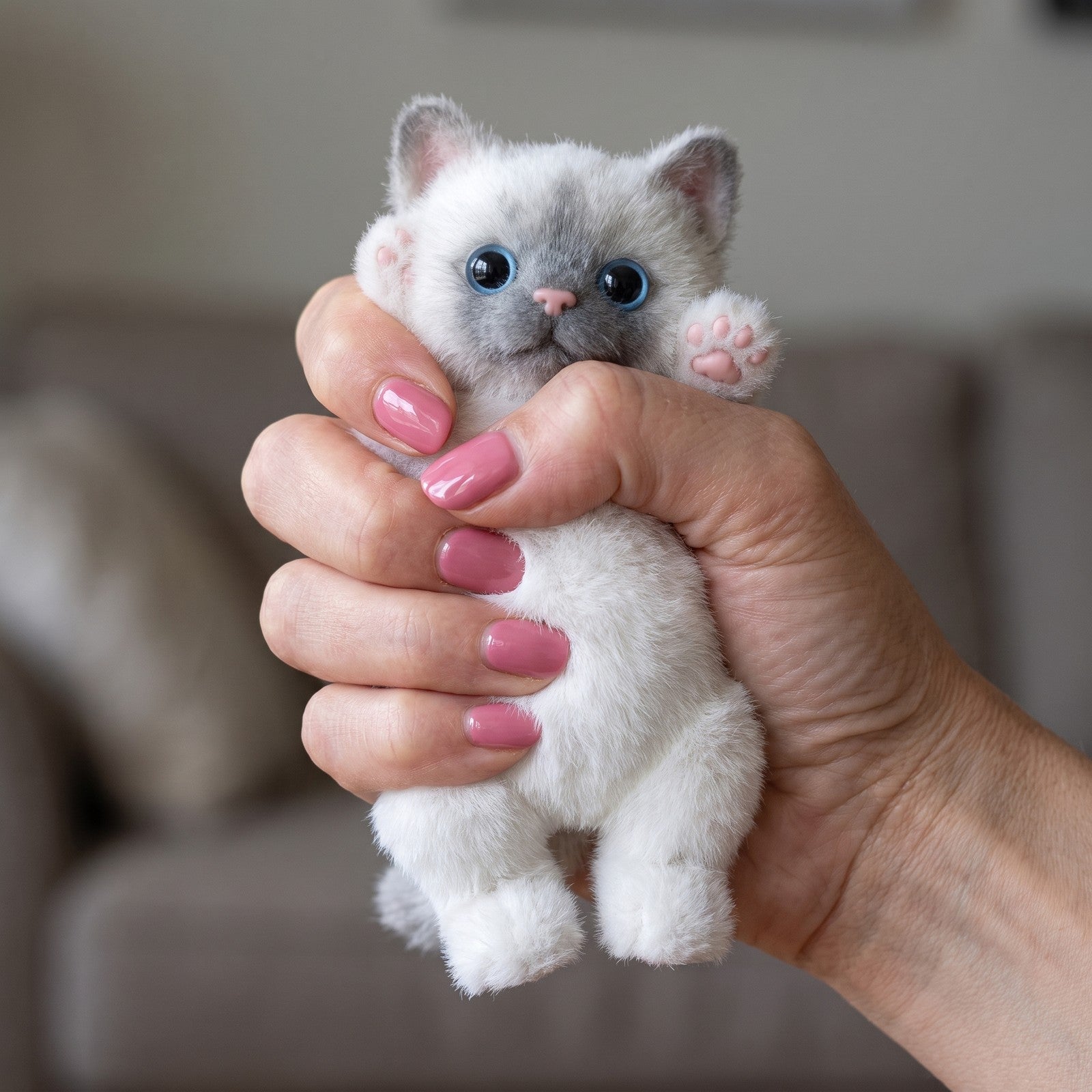 Squishy Chat Réaliste 13cm Gris pressé dans la main