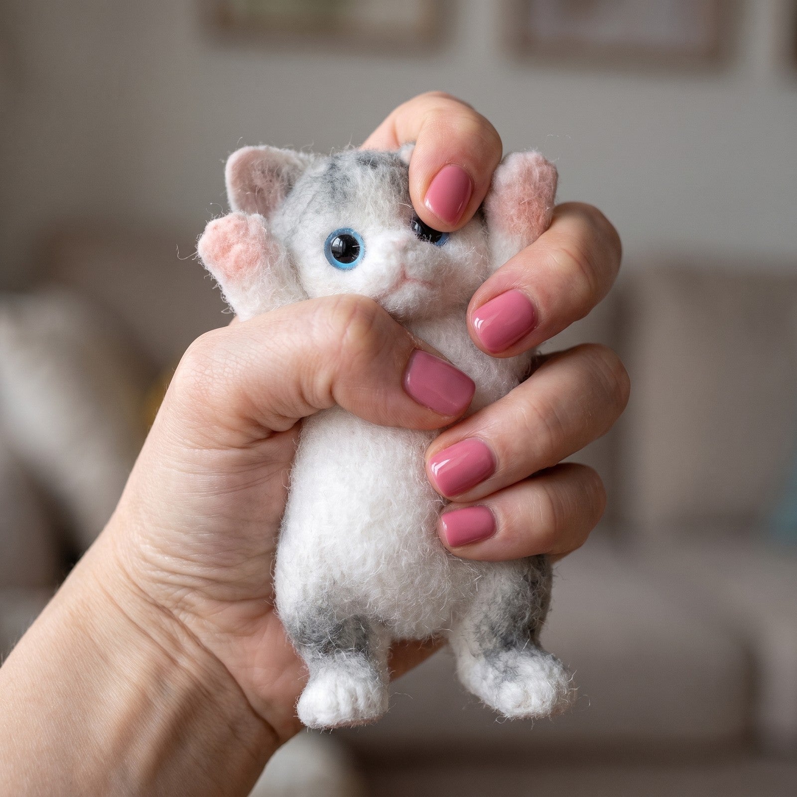 Squishy Chat Réaliste 13cm Gris Foncé pressé dans la main