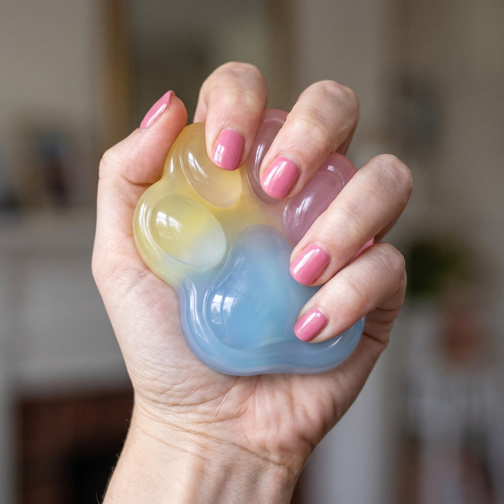 Squishy Patte de Chat Multicolore Pastel pressée dans la main