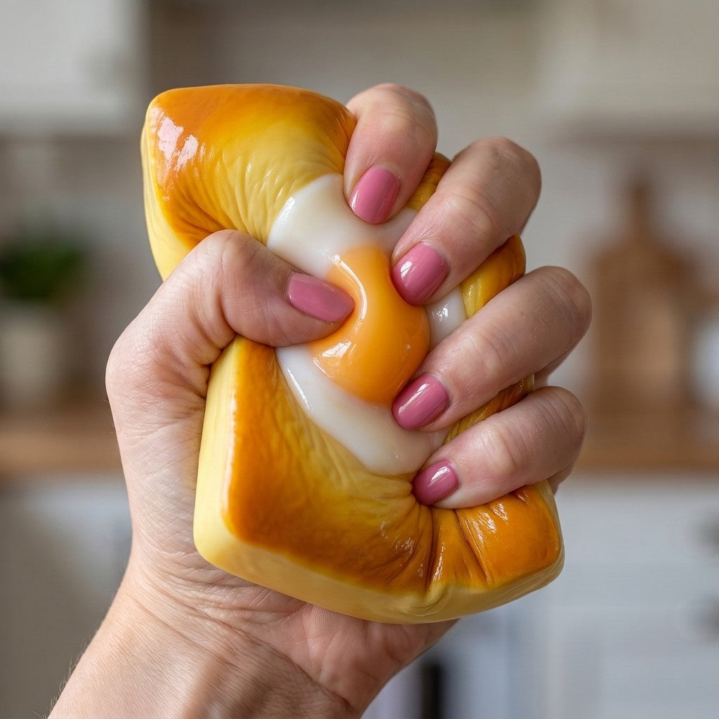 Squishy Toast Œuf sur Grille pressé dans la main